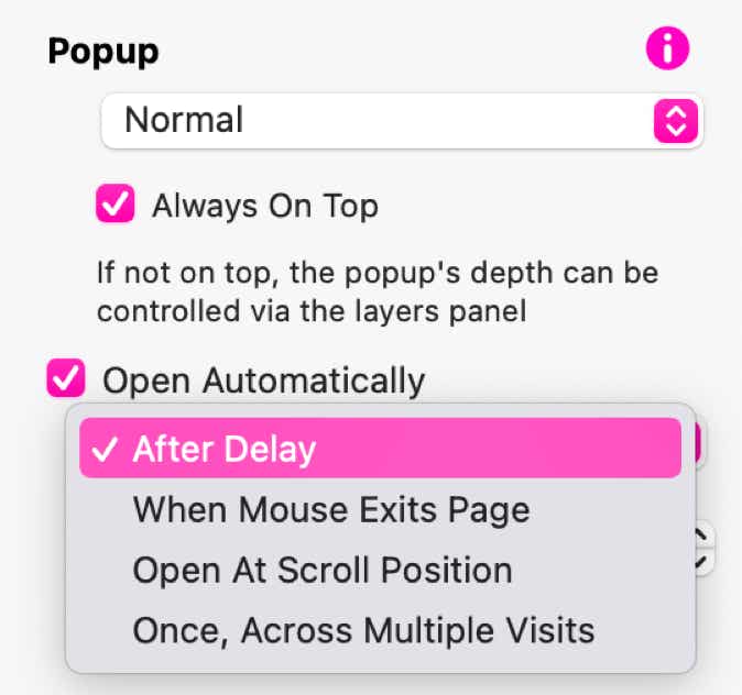 The popup open settings